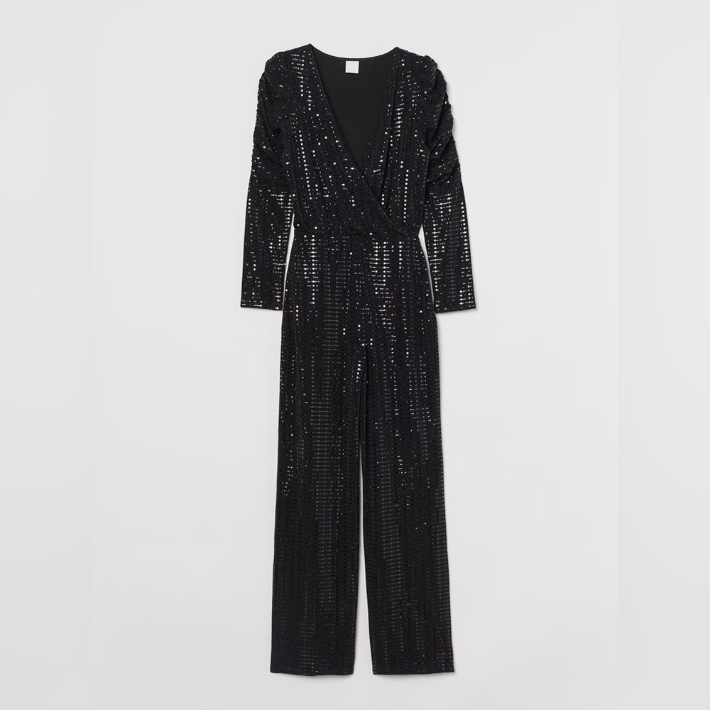 H&M Black Long Sleeve V-Neck Sequin Jumpsuit Small